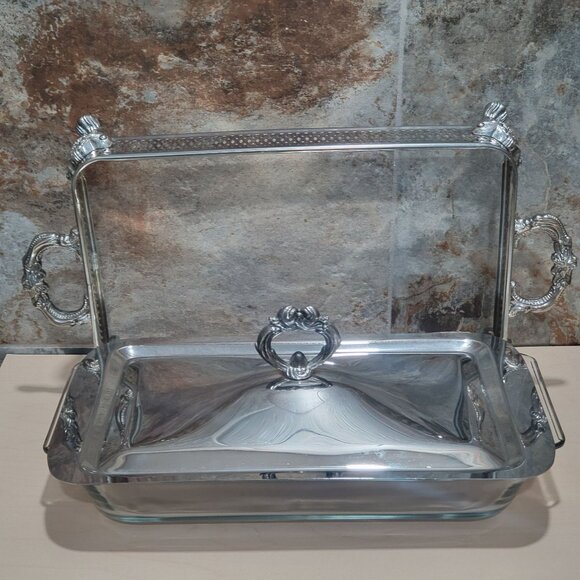 Silver Plated Rectangular Chafing Dish Glass Insert Decorative Scrollwork Accent - Picture 2 of 11